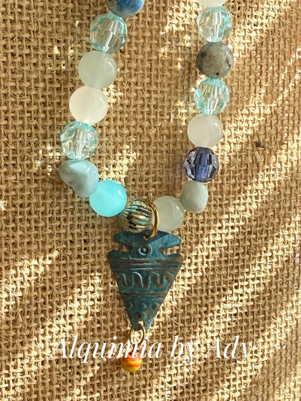 Blue crystal and Aquamarine Beaded Bracelet with Patina big fish Charm